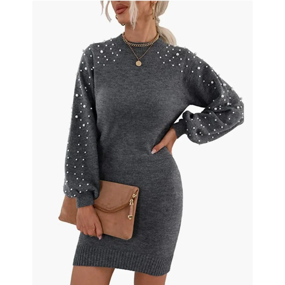 Gray Knit Pearl Embellished Lantern Sleeve Long Sleeve Bodycon Mini Dress - Picture 4 of 8